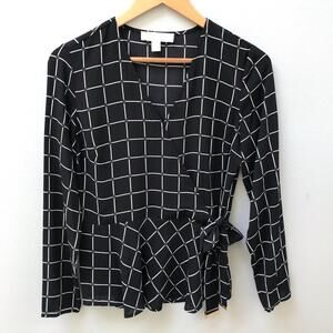 Michael Kors Black & White Windowpane Crossover Long Sleeve Wrap Blouse Women XS